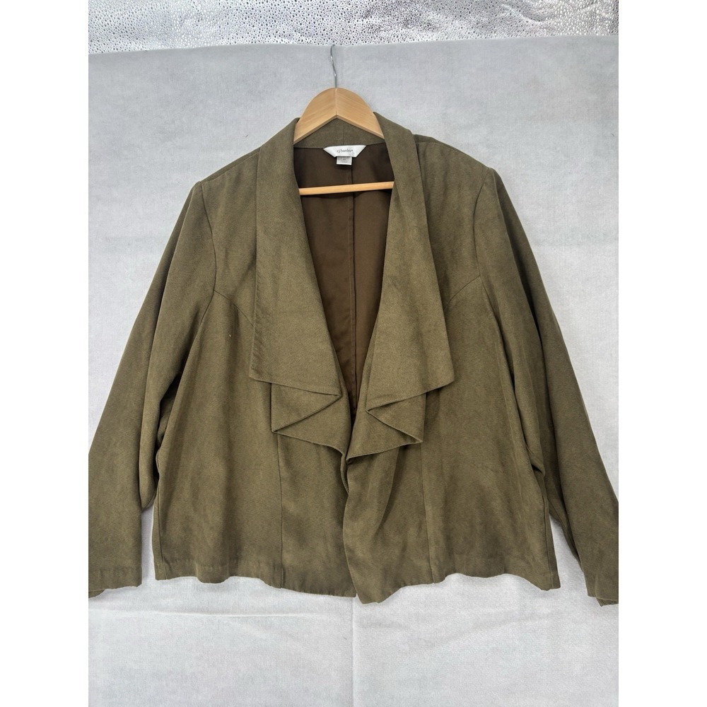 CJ Banks Olive Faux Suede Cropped Jacket Woman's 2X Waterfall Lapel Layered Look